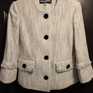 Karl Lagerfeld Women's White Tweed Blazer Sz 0 Preloved